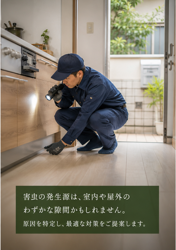 室内で害虫発生箇所を調査するイメージ
